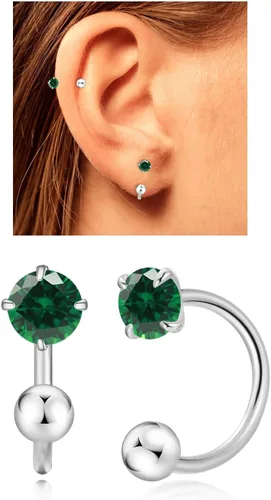 Vista 11 de Aretes Huggie de medio aro para mujeres y niñas, pequeños aretes de cartílago, aretes de botón con piedra natal para mujeres, aretes de botón