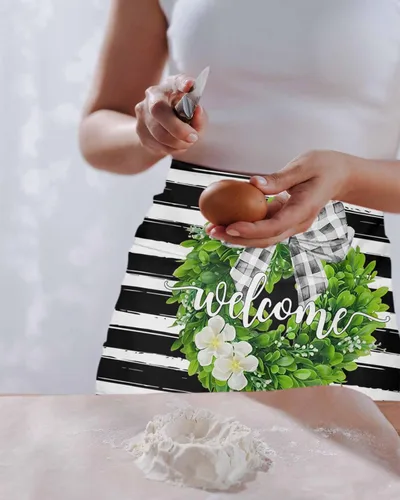 Vista 2 de Farmhouse Wreath Waitress Waiter Server Apron with Pockets,Welcome Rustic Boxwood Black Stripe Waist Half Waterproof Cooking Kitchen BBQ Grill Chef