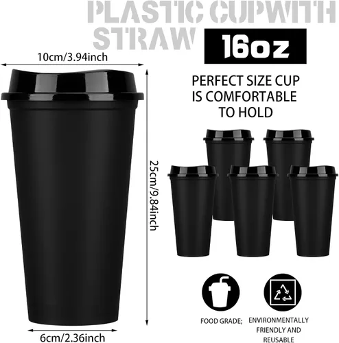 Vista 2 de Domensi Paquete de 15 tazas de café reutilizables con tapas, vasos de viaje desechables de 16 onzas, vasos de plástico a granel para llevar, vasos