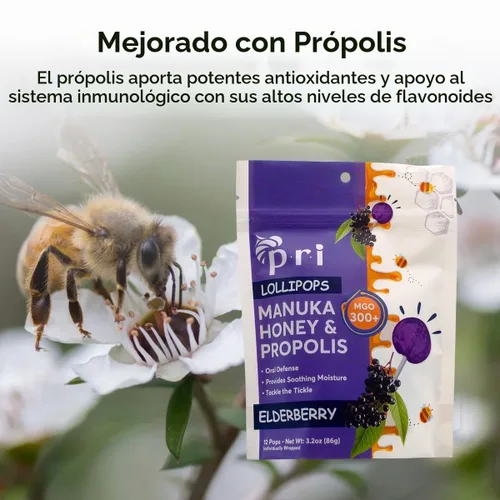 Vista 5 de P.R.I Miel de Manuka con Própolis, Certificada MGO 300+ – Piruletas para calmar la garganta, sabor saúco, (24 piruletas, 184 g)