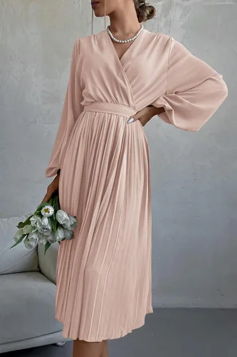 Vista 5 de PRETTYGARDEN Vestido Midi de Primavera para Mujer con Manga Larga Abombada, Cuello en V Envolvente, Fluido, con Volantes Plisados, Vestidos Casuales