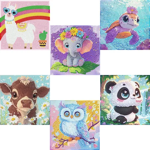 Vista 9 de Acelii Paquete de 6 kits de pintura de diamantes de dibujos animados 5D para niños principiantes, lindos animales, kit de arte de diamantes