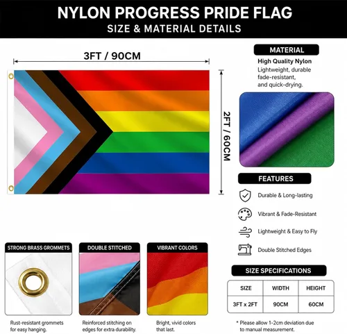 Vista 7 de Bandera de progreso de doble cara del orgullo gay de 2 x 3 pies para exteriores, 3 capas de nailon 320D resistente LGBTQ todo incluido, cabecera