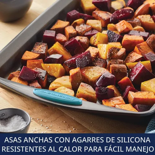 Vista 8 de Rachael Ray Bakeware - Juego de bandejas antiadherentes para galletas, 3 piezas, gris con agarres azul agave