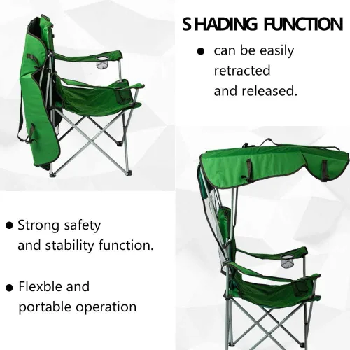 Vista 5 de Sillas de camping con toldo, silla de césped portátil cuádruple para adultos, silla reclinable plegable con sombra y portavasos para eventos al aire
