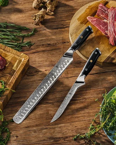 Vista 8 de KYOKU - Juego de 2 cuchillos japoneses para cortar carne, juego de cuchillos de carnicero de cocina de Damasco para tallar pechuga, acero VG10