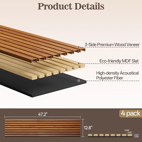 Vista 2 de Paquete de 4 paneles de madera para pared, 47.24 x 12.79 pulgadas, paneles de pared de listones de madera acústica para decoración de interiores