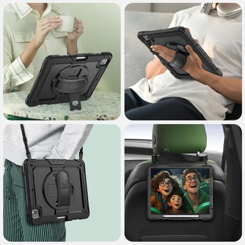 Vista 6 de SEYMAC Funda para iPad Pro 12.9 2022/2021/2020/2018, resistente protección a prueba de golpes con protector de pantalla, soporte giratorio de 360°