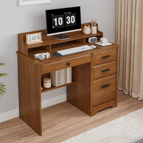 Vista 6 de 4 EVER WINNER - Escritorio para computadora con cajones para espacios pequeños, escritorio de madera con gabinete de archivos y soporte