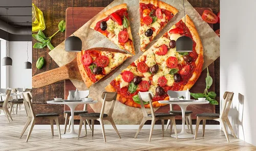 Vista 2 de Papel pintado 3D de pizza de queso, deliciosa comida pizza, restaurante, impresión fotográfica, mural panorámico para sala de estar, dormitorio