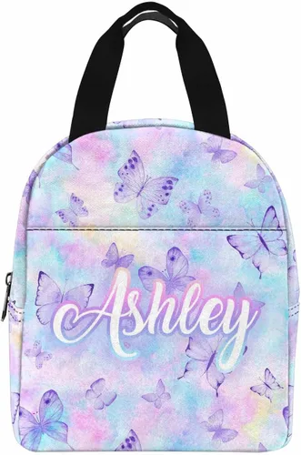 Vista 17 de InterestPrint Bolsa de almuerzo con nombre personalizado para hombres y mujeres, diseño de mariposa rosa y azul personalizada, caja de almuerzo