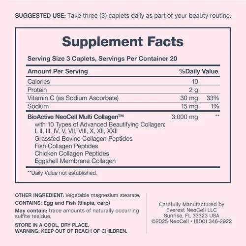 Vista 4 de NeoCell Péptidos de colágeno múltiple 60 cápsulas Fórmula avanzada Fórmula nutritiva Suplemento para cabello, piel y uñas
