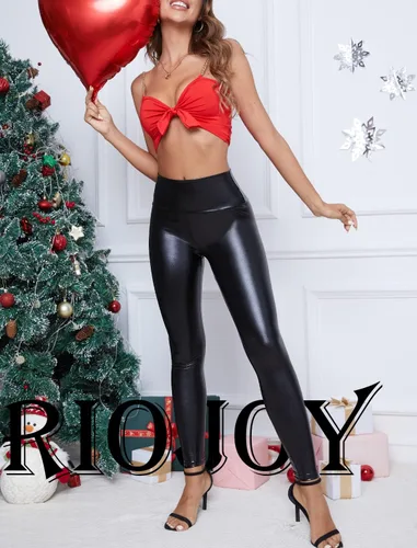 Vista 3 de RIOJOY Leggings sexys de cuero sintético para mujer, cintura alta, levantamiento de glúteos, pantalones de piel sintética elásticos con realce