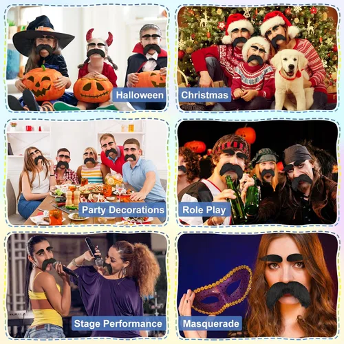 Vista 6 de EWOID Bigote y cejas falsas, barba falsa, disfraz novedoso para disfraz de cosplay y fiesta de festivales