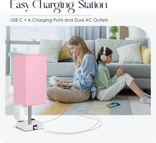 Vista 6 de Lámpara de mesita de noche con puertos USB - Lámpara de mesa con control táctil para dormitorio con puertos de carga USB C+A y tomas de corriente
