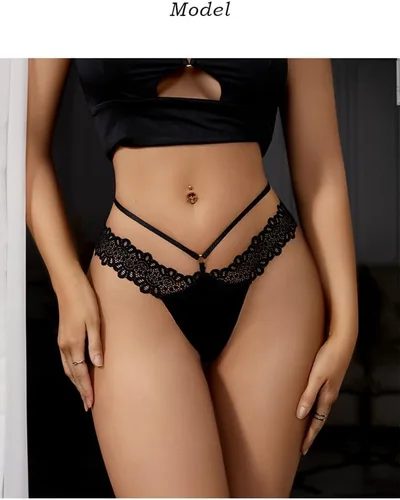 Vista 2 de Paquete de 4 tangas sin costuras para mujer, con encaje floral, tirantes cruzados, de tiro bajo, tangas con espalda en T para mujer