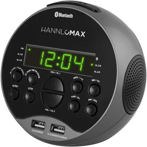 Vista 2 de HANNLOMAX Radio despertador HX-129CR. Radio FM PLL, pantalla LED verde de 0.6 pulgadas, Bluetooth, puertos USB para carga de 2.4A y 1A/reproducción