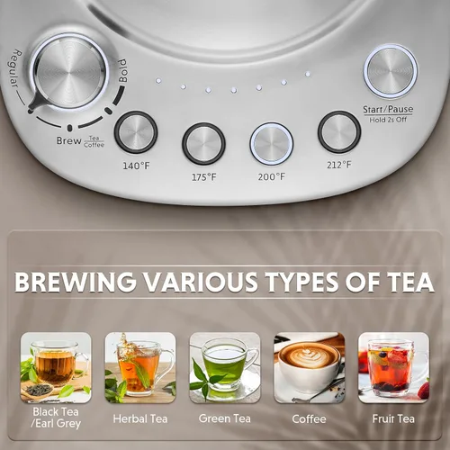 Vista 4 de BUYDEEM K176 - Tetera eléctrica multifuncional de acero inoxidable para preparar té y café, mantener el calor automático, 5 controles de sabor, 1.5L