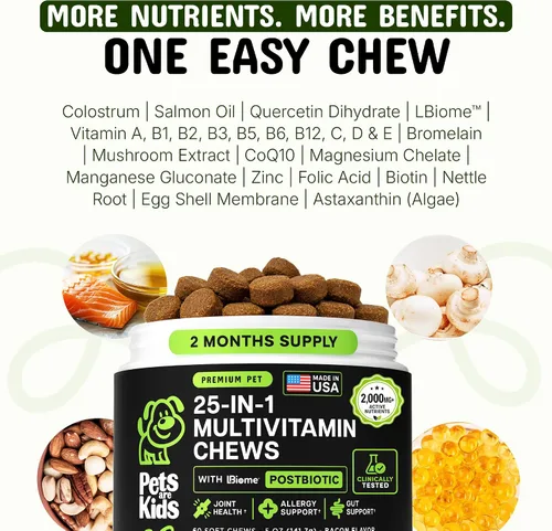 Vista 5 de Pets are Kids - Multivitamínico para perros 25 en 1 para intestino, movilidad, inmunidad, 60 masticables