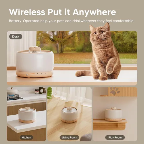 Vista 2 de WOPET Fuente de agua inalámbrica para gatos, dispensador automático de agua de cerámica para gatos, fuente de agua inalámbrica para perros