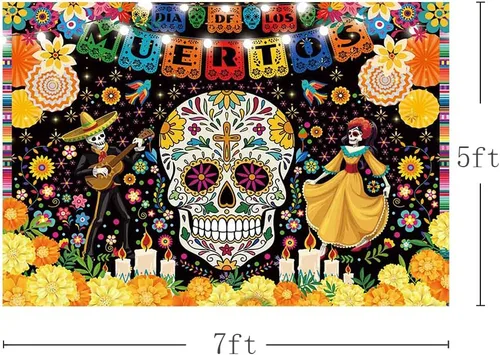Vista 4 de MEHOFOND Telón de fondo del Día de los Muertos de 7 x 5 pies para fiesta mexicana, Día de los Muertos, decoración de fiesta de cumpleaños, pancarta
