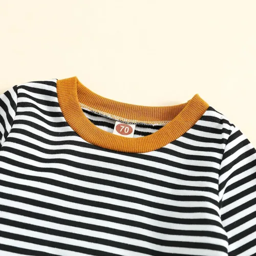 Vista 4 de Ropa de otoño e invierno para niña pequeña, cuello redondo, manga larga, estampado a rayas, camiseta de verano para bebé