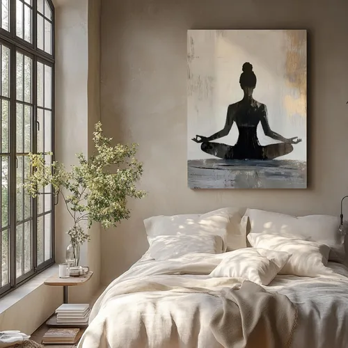 Vista 5 de GELDSTEI Arte de pared zen enmarcado, pintura moderna en lienzo de chica haciendo yoga, decoración de pared de meditación tranquila, imagen estética