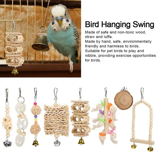 Vista 5 de Natural Wooden Parrot and Bird Toys Set Climbing Chew Toys 8 Pack with Swing Cage