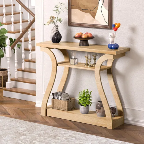 Vista 7 de Mesa consola de madera con patas curvadas y estante, mesa de sofá moderna de 3 niveles para zona de entrada, sala de estar, pasillo, 47 pulgadas