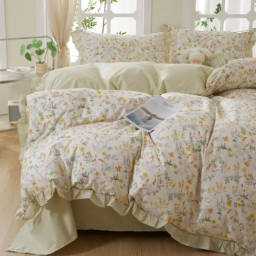 Vista 26 de Juego de funda de edredón blanca con estampado floral azul, juego de ropa de cama de algodón suave estilo bohemio, juego de ropa de cama estética