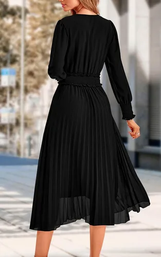 Vista 9 de PRETTYGARDEN Vestidos cruzados con cuello en V para mujer, para invitados de boda, casual, plisado, manga larga, vestido largo fruncido con volantes