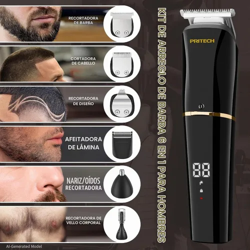 Vista 3 de PRITECH Cortadora de barba para hombres, kit de cortapelos 6 en 1, kit de aseo inalámbrico de precisión impermeable IPX6 para barba, cabello Negro
