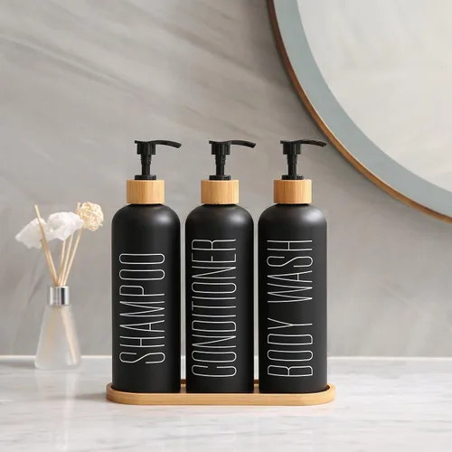 Vista 2 de Dispensador de champú y acondicionador Prus Waso con bombas y bandeja de bambú, perfecto para artículos esenciales del baño para un nuevo hogar Negro