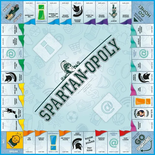 Vista 2 de Late for the Sky Spartanopoly - Juego de estrategia de la Universidad MSU Campus - Juego de mesa temático para 2-6 jugadores con estatua de fiesta