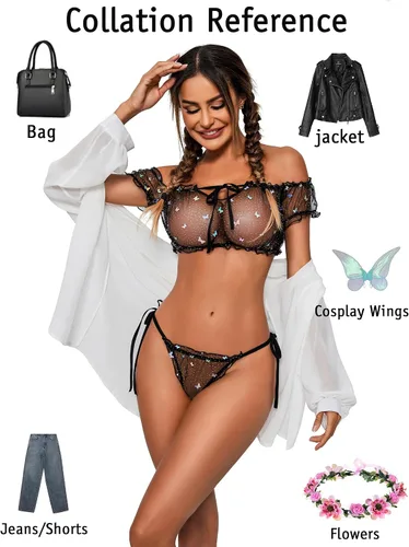 Vista 100 de Avidlove - Conjunto de brasier y braga con volantes, conjunto de lencería tipo babydoll de malla