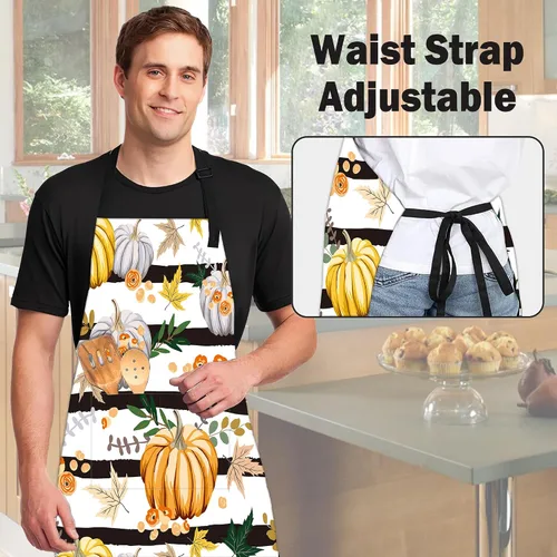 Vista 5 de Delantal de rayas de flores de calabaza con hojas de otoño, regalos para mujeres, delantal con cuello ajustable, impermeable, para mujeres