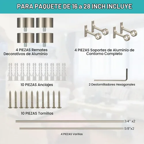 Vista 6 de Paquete de 2 barras de cortina para ventanas de 16-28 pulgadas, barras de cortina de ventana ajustables con remates de tapas finales de aluminio