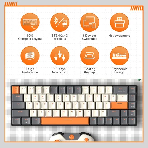 Vista 4 de MAGIC-REFINER RK68 - Teclado mecánico inalámbrico 60 Bluetooth 5024GHz con receptor 2 en 1 de modo dual teclado compacto de 68 teclas