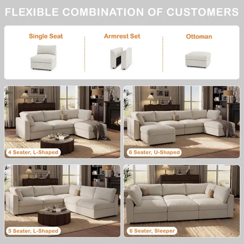 Vista 9 de Sofá modular Cloud de 100 pulgadas con otomana de almacenamiento, sofá de felpilla con brazo curvo, cómodo sofá nube de gran tamaño para sala