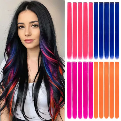 Vista 9 de 20 extensiones de cabello con clip de colores para niñas, extensiones de cabello arcoíris multicolor de 20 pulgadas, reflejos instantáneos, piezas
