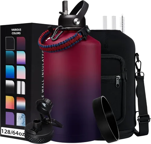 Vista 38 de Botella de agua aislada de 1 galón, con popote y tapa de pico automático, mango de paracord, funda para botella, botella de agua de acero inoxidable