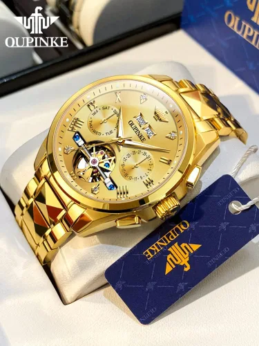 Vista 2 de OUPINKE Gold Men Automatic Mechanical Wrist Watches Luxury Dress Tungsten Steel Luminous Waterproof Sapphire Diamond Calendar Best Gifts Men