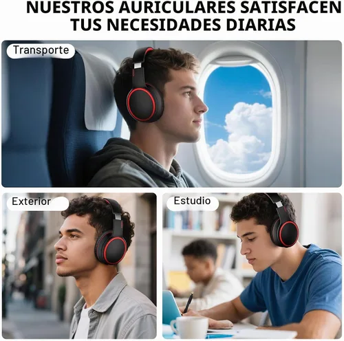 Vista 9 de B10 auriculares Bluetooth supraaurales, 2 modos de música EQ (Normal/Graves) y 50 horas de reproducción, auriculares inalámbricos con micrófono Negro