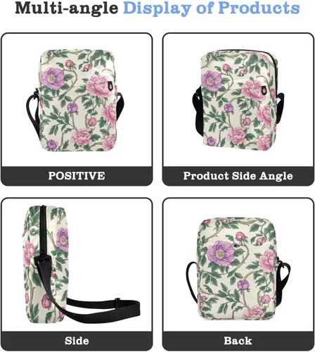 Vista 4 de Vintage Pink Flowers Green Leaves William Morris Style cute messenger bag Small Crossbody Bags Casual Purse Cross Body Shoulder Handbags Adjustable