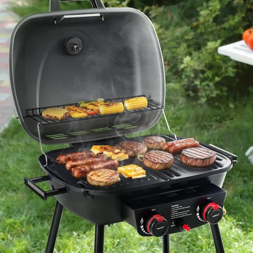 Vista 9 de Royal Gourmet GT2003 Parrilla portátil de gas propano de 2 quemadores con soporte y rejilla calefactora, combo de parrilla y plancha 2 en 1