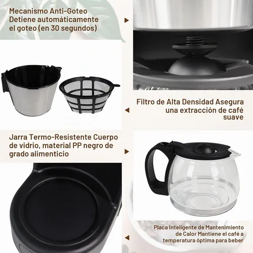 Vista 6 de Cafetera de goteo de 5 tazas de café antigoteo de un solo toque con jarra de filtro reutilizable, para mantener el calor, cuchara, cafetera