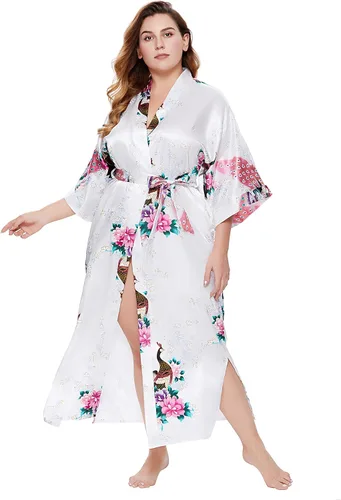 Vista 4 de BABEYOND Kimono de mujer bata larga con pavo real y flores estampado Kimono camisón