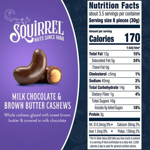 Vista 2 de Squirrel Brand Anacardos de chocolate con leche y mantequilla dorada, 3.5 onzas, bolsa resellable, sin gluten, aperitivos para adultos y niños