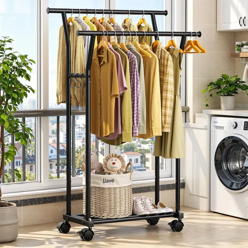 Vista 8 de Luxspire Perchero de doble barra para colgar ropa, perchero con ganchos laterales, estantes inferiores, ruedas de 360°, percheros para dormitorio