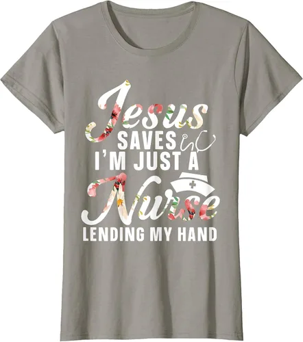 Vista 21 de Jesus Saves I'm Just A Nurse Lending My Hand RN Christian T-Shirt Asphalt Grey